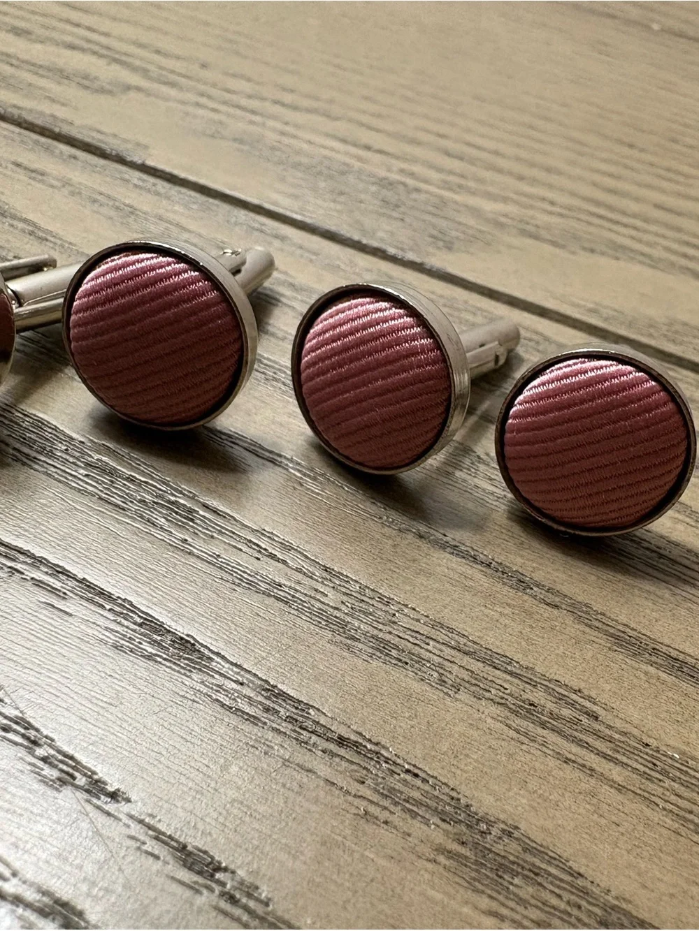 Men's Pink Round Fabric Cufflinks - Classic Silver Frame